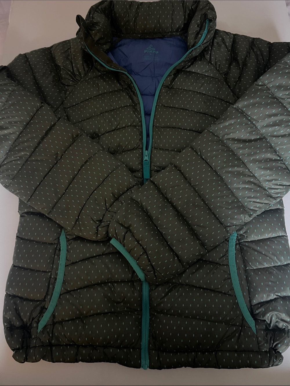 Size S Prana Women’s Polka Dot Green Quilted Puffer with Teal Trim